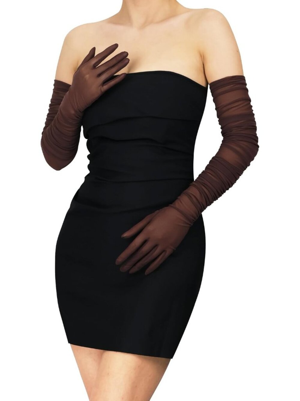 Women's Brown Stretchy Sheer Mesh Tulle Long Lace-like Non-slip Opera Gloves